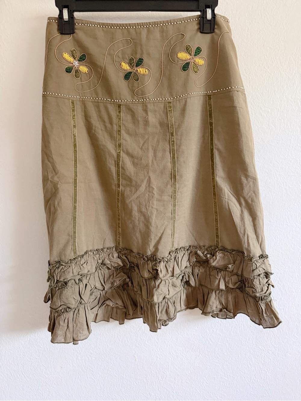 Womens Olive Ruffled Hem Skirt with Embroidered Detail